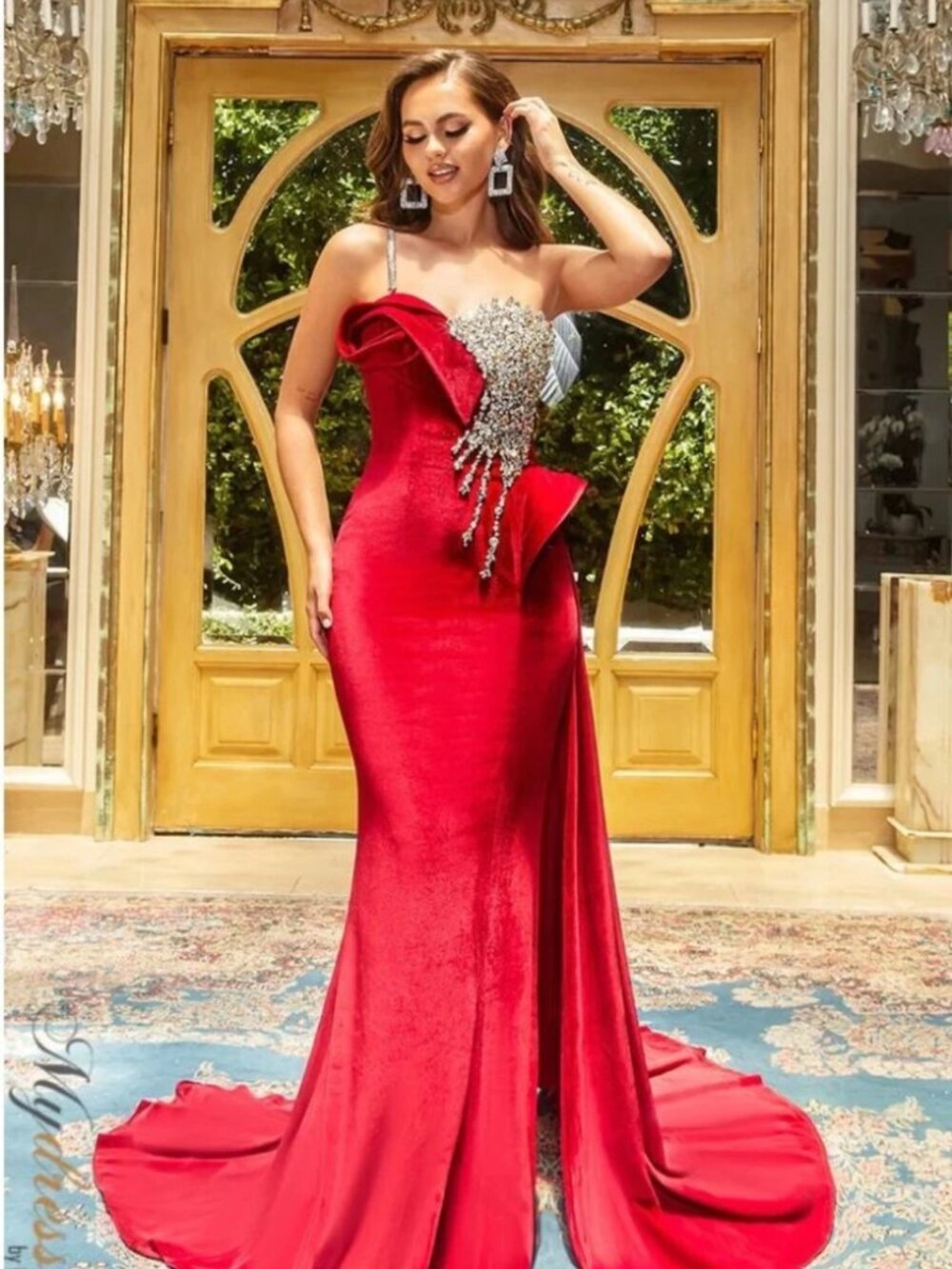 Portia & Scarlett Red Velvet Evening Dress Beading